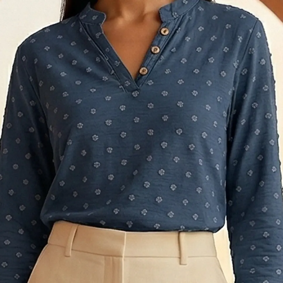 The Embroidered Henley Blouse – Navy — 4