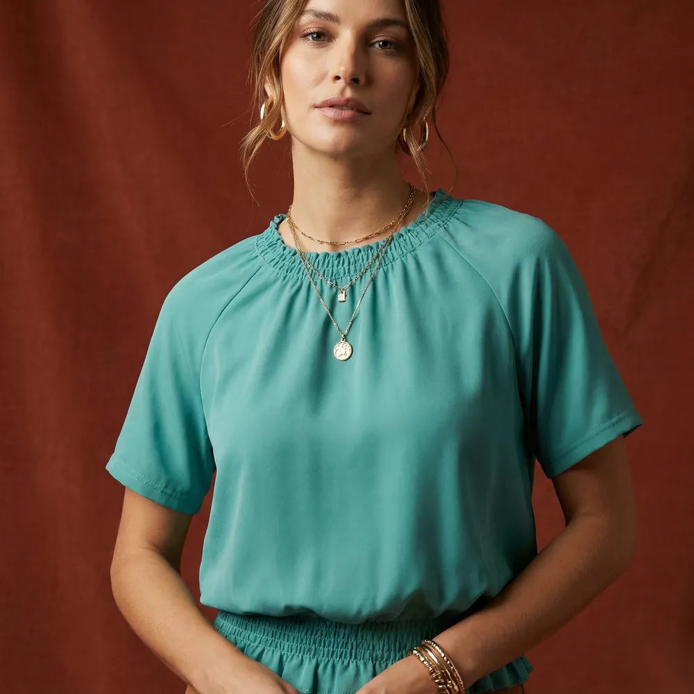 The Teal Smocked Satin Top