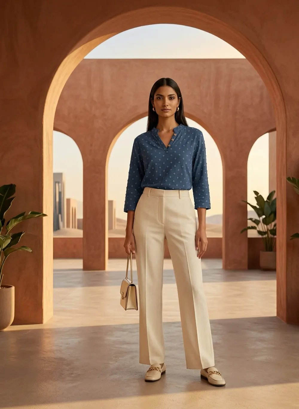 The Embroidered Henley Blouse – Navy