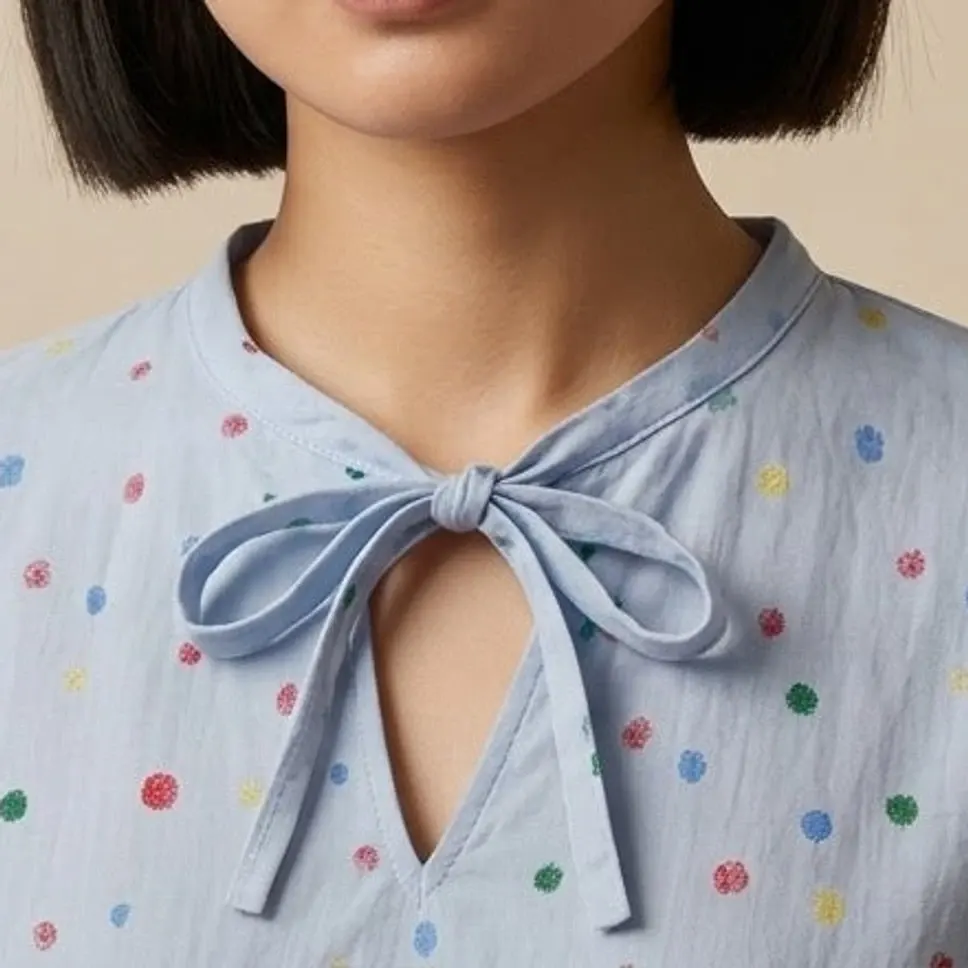 The Tie-Neck Dot Blouse – Light Blue — 3