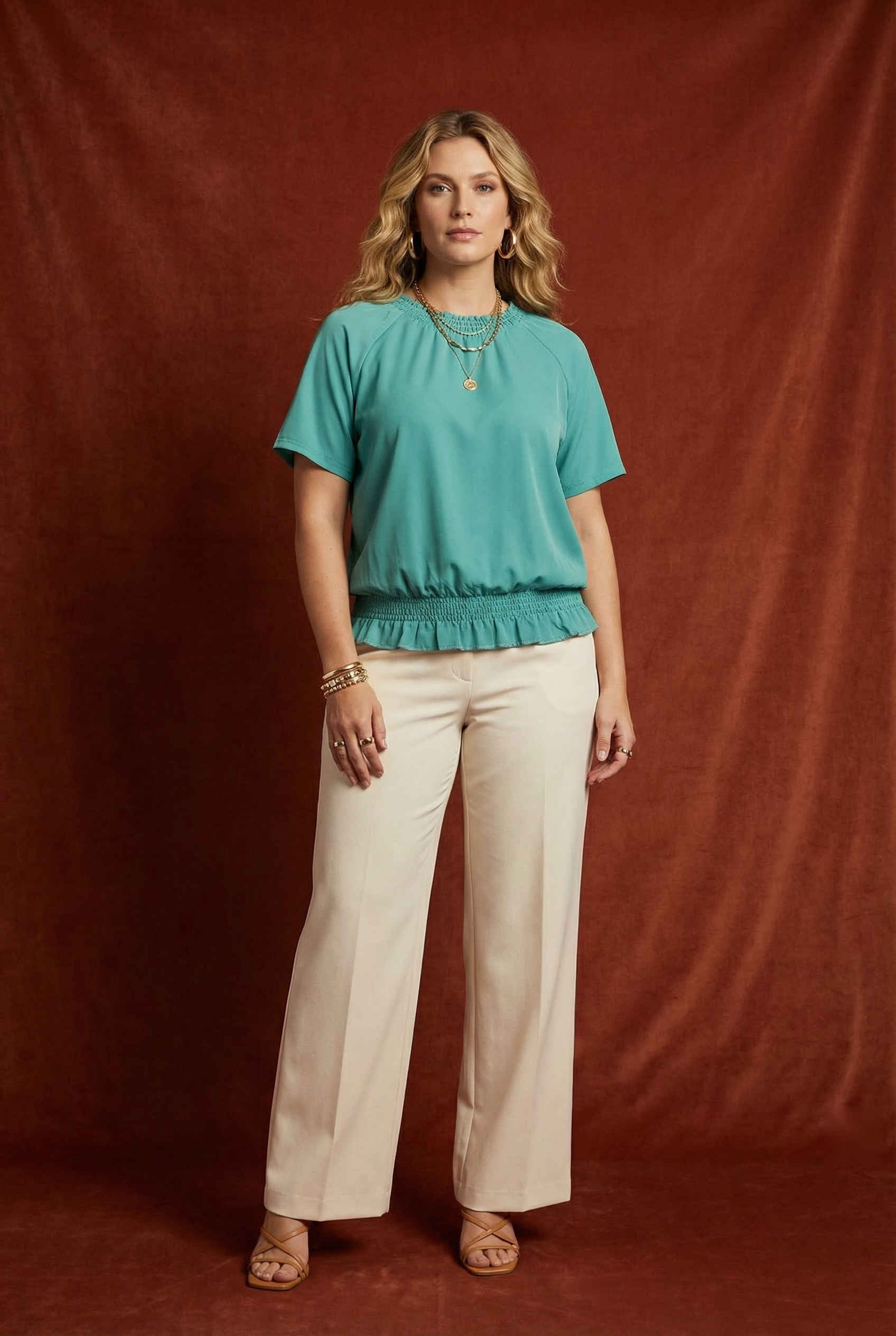 The Teal Smocked Satin Top