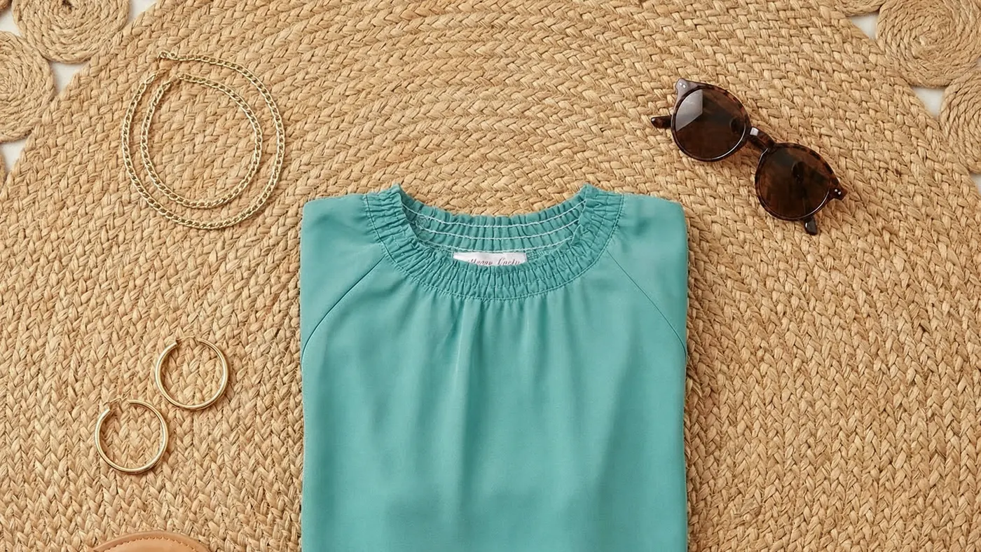 A smocked-neck top photographed flat, cloth first
