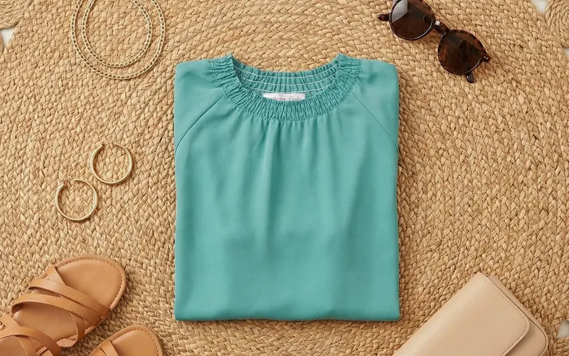 A smocked-neck top photographed flat, cloth first